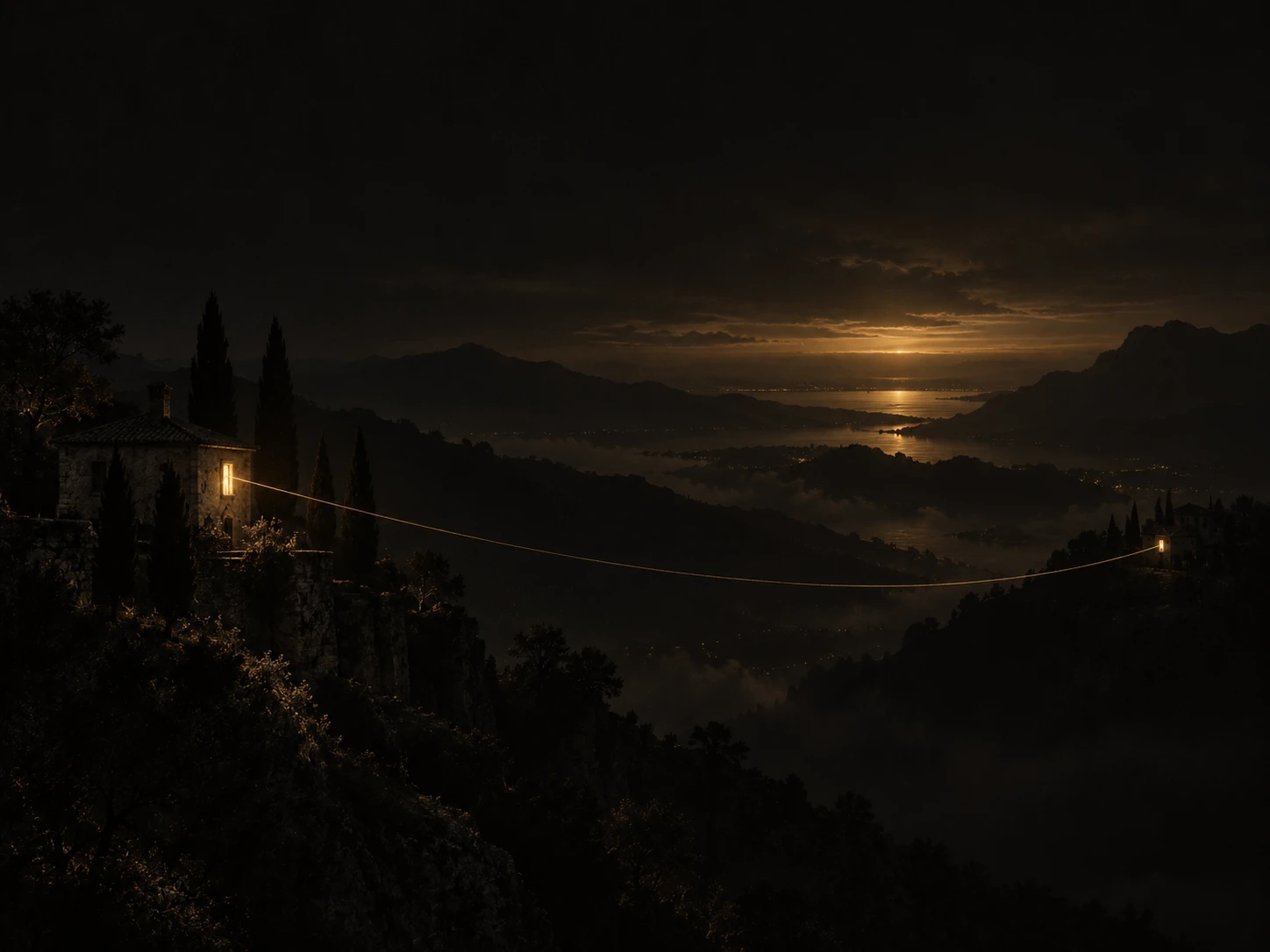 Illustration of two homes connected across dark hills by a single golden thread.