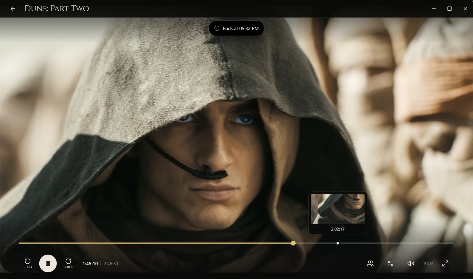 The native player on a sample film, with a scene preview above the playback timeline. The film is a backdrop-based stand-in.